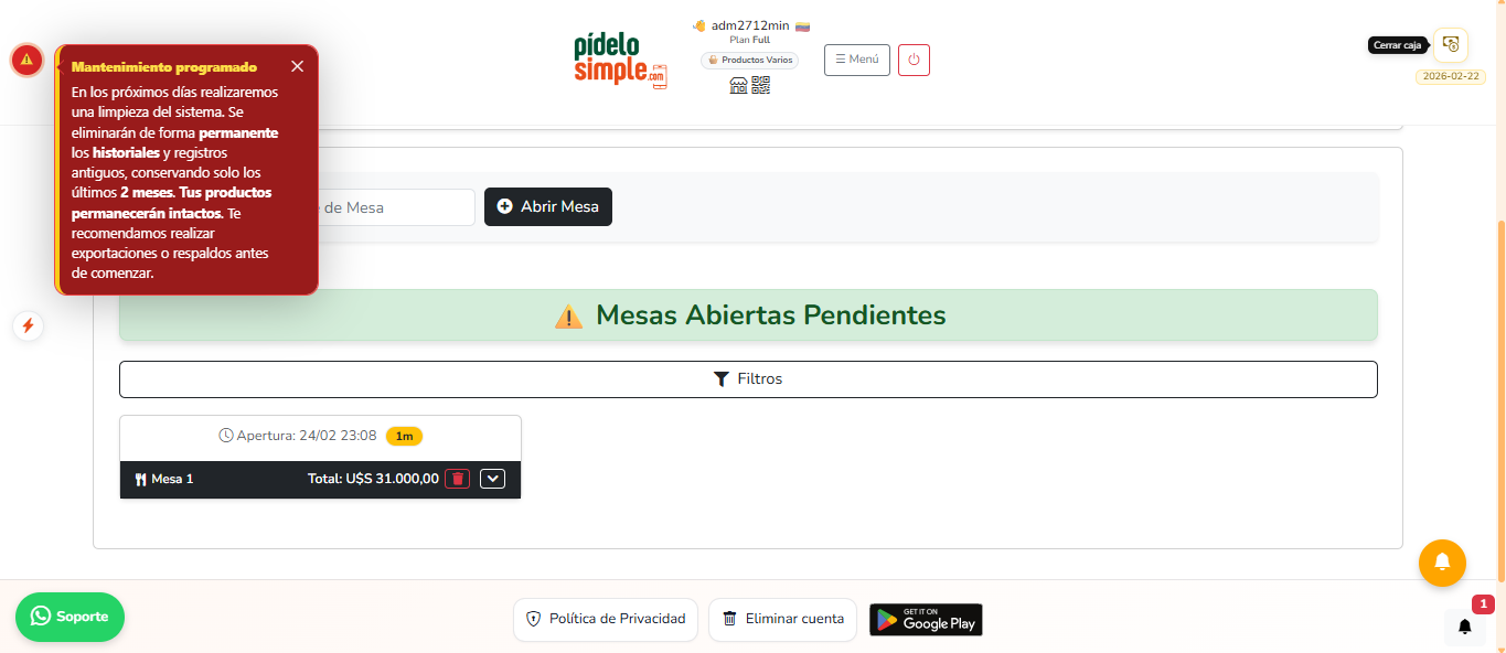 Mesas: gestión en salón